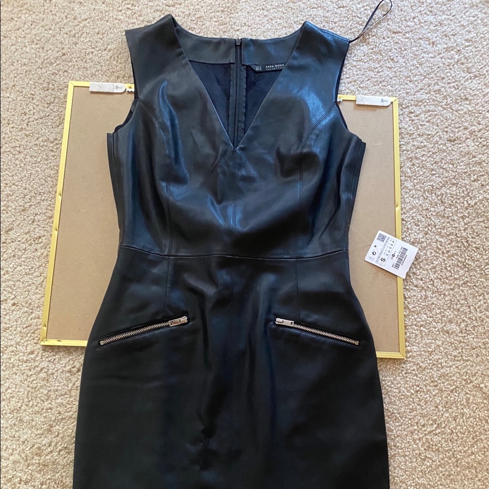 Black Zara V neck Faux Leather dress